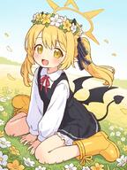 1girl black_dress black_ribbon black_wings blonde_hair blue_archive blush boots collared_shirt day demon_girl demon_tail demon_wings dress field flower flower_field general grass hair_ribbon halo head_wreath ibuki_(blue_archive) long_hair long_sleeves looking_at_viewer neck_ribbon onyhakase open_mouth outdoors petals red_ribbon ribbon shirt sitting sky solo tail white_flower white_shirt wings yellow_boots yellow_eyes yellow_flower // 680x907 // 114.9KB