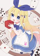 1girl ace_(playing_card) ace_of_hearts alice_(alice_in_wonderland) alice_(ayanepuna) alice_in_wonderland apron ayanepuna blonde_hair blue_bow blue_dress blue_eyes blue_ribbon blue_shoes blush bow box card clock club_(shape) collared_dress commentary contrast_collar d diamond_(shape) dress general gift gift_box hair_between_eyes hair_ornament hair_ribbon hairclip heart highres holding holding_gift loafers looking_at_viewer one_side_up open_mouth pantyhose playing_card puffy_short_sleeves puffy_sleeves ribbon roman_numeral shoes short_sleeves smile solo spade_(shape) white_apron white_pantyhose x_hair_ornament yuune_(ayanepuna) // 1000x1414 // 1.1MB