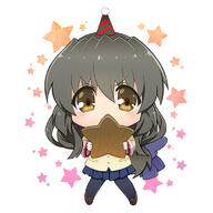 blue_ribbon chibi clannad fuko_ibuki_(clannad) green_hair looking_at_viewer party_hat star white_background // 756x756 // 100.3KB