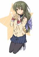 blue_ribbon clannad fuko_ibuki_(clannad) green_hair looking_at_viewer star white_background // 989x1442 // 124.7KB