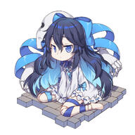 1girl bad_link between_legs blue_hair bow chibi closed_mouth dot_nose dress fred04142 full_body general hair_between_eyes hair_bow hand_between_legs hand_between_thighs highres little_witch_nobeta long_hair long_sleeves official_art simple_background sitting solo tania_(little_witch_nobeta) very_long_hair wariza white_background white_dress // 1400x1400 // 434.5KB