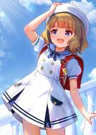 1girl arm_up backpack bag beret blue_bow blue_bowtie blue_eyes blush bow bowtie brown_hair commentary cowboy_shot d day dress general hand_on_headwear hat highres idolmaster idolmaster_million_live! idolmaster_million_live!_theater_days koaya official_alternate_costume open_mouth outdoors puffy_short_sleeves puffy_sleeves randoseru red_bag school_uniform short_hair short_sleeves smile solo standing summer_elementary_school_(idolmaster) suou_momoko untranslatable_commentary white_dress white_hat // 1451x2048 // 295.8KB