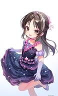 1girl arm_garter black_shirt black_skirt blush braid brown_hair commentary_request frilled_shirt_collar frills general gloves gradient_clothes half_up_braid idol_clothes idolmaster idolmaster_cinderella_girls long_hair looking_at_viewer purple_gloves shirt simple_background skirt skirt_hold smile solo standing standing_on_one_leg star_(symbol) star_ornament star_print tachibana_arisu white_background zero7shi // 727x1200 // 137.0KB