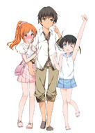1_male 1boy 2_females 2girls ;d arm_grab arm_up armpits atfbooru.ninja bag bare_shoulders barefoot black_eyes black_hair blue_eyes blush feet female footwear general girl_sandwich grabbing hair_ornament hairclip handbag highres jsが俺を取り合って大変なことになっています jsが俺を取り合って大変なことになっています_3巻 long_hair looking_at_viewer male mature multiple_females multiple_girls one_eye_closed open_mouth orange_hair original pixiv_170645 pixiv_30260109 plaid pleated_skirt ponytail pov purse red_eyes safe sandals sandwiched sasapuro scrunchie short_hair shouji_ayumu simple_background skirt smile stading standing standing_on_one_leg tied_hair white_background wink wrist_scrunchie 右の娘の左腕が大変なことになっています 宣伝 小路あゆむさん // 855x1200 // 438.8KB