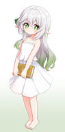 1girl 2025 alternate_hairstyle bare_shoulders barefoot blush book closed_mouth collarbone commentary_request dress feet female female_focus full_body general genshin_impact gradient_hair green_hair hair_between_eyes hair_ornament holding holding_book leaf_hair_ornament loli long_hair looking_at_viewer mihoyo multicolored_hair nahida_(genshin_impact) pointy_ears sleeveless sleeveless_dress smile solo standing star star-shaped_pupils star_(symbol) sundress symbol-shaped_pupils toes watayoshi_(suiiho) white_background white_dress white_hair // 1148x2323 // 752.0KB