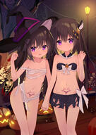 2girls a1352170118 bandages black_bow black_bra black_hair black_hat black_skirt bow bow_bra bow_skirt bra chinese_commentary choppy_bangs closed_mouth collar collarbone commentary condom detached_collar dot_nose feet_out_of_frame frilled_bra frilled_collar frills hair_bow halloween halloween_costume hand_up hat holding_hands jack-o'-lantern lamppost loli long_hair looking_at_viewer microskirt multiple_girls naked_bandage navel night no_shirt original outdoors parted_lips pleated_skirt pubic_tattoo purple_eyes questionable revealing_clothes siblings sisters skirt smile standing stomach straight_hair strapless strapless_bra tattoo torn_bandages torn_bow torn_clothes torn_skirt twins underwear used_condom white_bow witch_hat // 2480x3508 // 1.6MB