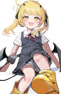 1girl absurdres blonde_hair bloomers blue_archive blush boots commentary_request demon_girl demon_horns demon_tail demon_wings dress female grey_dress halo highres horns ibuki_(blue_archive) legs looking_at_viewer pinafore_dress sensitive shirt simple_background sleeveless sleeveless_dress smile solo somray tail thai_commentary thighs twintails underwear white_background white_bloomers white_shirt wings yellow_boots yellow_eyes // 3520x5472 // 4.9MB