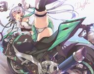 akitsushima_(kancolle) aliasing anthropomorphism armadillo-tokage blush garter gloves gray_hair grey_hair ground_vehicle hat headwear jpeg_artifacts kantai_collection long_hair motor_vehicle motorcycle navel panties purple_eyes questionable satou_daiji signed skirt stomach thigh-highs thighhighs tied_hair twintails underwear vehicle // 5208x4093 // 930.8KB