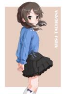 1girl arms_behind_back black_skirt blue_shirt border brown_background brown_eyes brown_hair character_name closed_mouth commentary_request feet_out_of_frame frilled_sleeves frills from_side general hair_ribbon idolmaster idolmaster_cinderella_girls illustscody layered_skirt long_sleeves looking_at_viewer looking_to_the_side medium_hair outside_border ribbon shirt simple_background skirt smile solo split_mouth standing tachibana_arisu turning_head white_border white_ribbon // 1000x1415 // 414.2KB