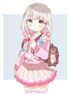 1girl asymmetrical_bangs backpack bag blush bow braid braided_bangs general grey_hair hair_bow highres hisakawa_nagi holding_strap idolmaster idolmaster_cinderella_girls looking_at_viewer o patterned_clothing pink_shirt pink_skirt pleated_skirt remiri_nicoeli school_uniform shirt simple_background skirt solo striped striped_thighhighs thigh-highs thighhighs twin_braids two-tone_background zettai_ryouiki // 1536x2048 // 242.3KB