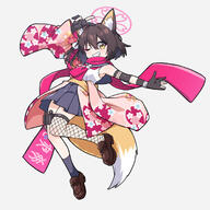 1girl animal_ears black_gloves blue_archive commentary_request fox_ears fox_girl fox_tail fukamiki_kei gloves halo highres izuna_(blue_archive) one_eye_closed partially_fingerless_gloves pink_halo scarf skirt smile solo tail thigh-highs yellow_eyes // 1518x1518 // 911.5KB