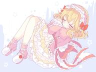 1girl accurate_lolita_coord blonde_hair commentary dress english_commentary frilled_dress frilled_hairband frills full_body general hairband highres idolmaster idolmaster_cinderella_girls knees_up lolita_fashion petticoat pink_dress remiri_nicoeli sakurai_momoka sleeping solo sweet_lolita // 2048x1536 // 244.5KB