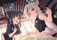 2girls 3 all_fours animal_ears bare_shoulders black_dress black_hair black_ribbon blue_archive blush breasts china_dress chinese_clothes clothing clothing_cutout dress female green_eyes grey_hair hair_between_eyes hair_ornament hair_ribbon halo holding indoors kokona_(blue_archive) long_hair looking_at_viewer mimikaki multicolored_hair multicoloured_hair multiple_girls official_art open_mouth orange_eyes questionable ribbon safe sensitive shiina_2256 shun_(blue_archive) shun_(small)_(blue_archive) sleeveless sleeveless_dress small_breasts streaked_hair sunohara_kokona sunohara_shun tassel tousaki_shiina very_long_hair // 1080x764 // 128.5KB