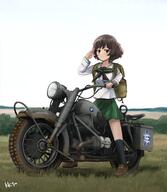 1girl absurdres akiyama_yukari artist_name bmw bmw_r75 brown_eyes brown_hair clear_sky emblem general girls_und_panzer grass green_skirt highres kk90 long_sleeves looking_at_viewer motor_vehicle motorcycle mud ooarai_(emblem) ooarai_school_uniform salute school_uniform shirt skirt sky smile solo white_shirt // 3300x3800 // 825.0KB