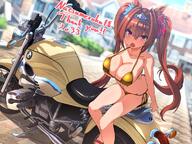1girl animal_ears badluck2033 bikini bmw breasts brown_hair cleavage commentary_request commission daiwa_scarlet_(umamusume) fang gold_bikini halterneck horse_ears horse_girl horse_tail large_breasts looking_at_viewer motor_vehicle motorcycle open_mouth red_eyes sensitive side-tie_bikini_bottom skeb_commission skin_fang slippers solo string_bikini swimsuit tail tiara twintails umamusume // 1200x900 // 249.7KB