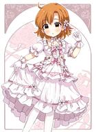 1girl ahoge blush bow brown_eyes brown_hair chestnut_mouth commentary_request curtsey dot_nose dress dress_flower flower frilled_dress frilled_gloves frills gloves hair_flower hair_ornament highres idolmaster idolmaster_million_live! open_mouth pantyhose parted_bangs pink_bow puffy_short_sleeves puffy_sleeves remiri_nicoeli ribbon rose short_hair short_sleeves solo white_dress white_gloves white_pantyhose white_ribbon yabuki_kana // 1490x2048 // 423.3KB
