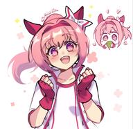 1girl animal_ears blush bow clenched_hands commentary d doodle_inset ear_bow ear_covers english_commentary fingerless_gloves gloves hair_intakes hairband hands_up haru_urara_(bestest_prize)_(umamusume) haru_urara_(umamusume) heart highres horse_ears horse_girl jacket looking_at_viewer multiple_views open_mouth pink_eyes pink_hair red_gloves red_hairband ryuuxin shirt short_hair short_sleeves smile solo_focus symbol-shaped_pupils umamusume upper_body white_background white_bow white_jacket white_shirt // 1939x1879 // 306.4KB