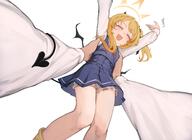 1boy 1girl arms_up blonde_hair bloomers blue_archive carrying carrying_person child child_carry demon_girl demon_tail demon_wings dress general halo ibuki_(blue_archive) long_sleeves pov pov_hands sensei_(blue_archive) small_horns smile solo_focus tail tail_wrap tfqr underwear wings yellow_halo // 3410x2480 // 427.3KB
