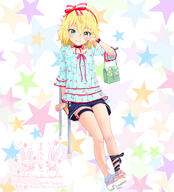 1girl 2 2d_art absurdres bag black_choker blonde_hair blue_shirt blue_shorts blush bow chair cheek_poking cherry_print choker closed_mouth elbow_carry food_print fruit_print general green_eyes hair_between_eyes hair_bow hairband hand_up handbag heart highres idolmaster idolmaster_cinderella_girls idolmaster_cinderella_girls_u149 imas jojifuku long_sleeves mayafufu momoka_sakurai on_chair open_shoes pixiv_119286720 pixiv_28868033 platform_footwear platform_heels platform_sandals poking print_shirt red_bow red_hairband sakurai_momoka sandals shirt short_shorts shorts sitting smile solo star_(symbol) star_symbol_background starry_background striped_bow the__cinderella_girls the_cinderella_girls the_idolmaster thigh_strap toes u149 white_background white_footwear white_sandals wrist_cuffs まやふふ(賢) アイドルマスター アイドルマスターシンデレラガールズ アイマス 夏服の桃華ちゃん 櫻井桃華 // 2727x3007 // 1.0MB
