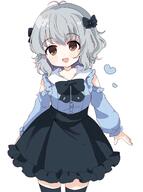 1girl antenna_hair black_bow black_bowtie black_skirt black_thighhighs blue_shirt bow bowtie brown_eyes clothing_cutout commentary frilled_skirt frills grey_hair hair_between_eyes hair_bow highres idolmaster idolmaster_cinderella_girls light_blush looking_at_viewer medium_hair mole mole_under_eye narumiya_yume open_mouth remiri_nicoeli shirt shoulder_cutout sidelocks skirt smile solo thigh-highs thighs wavy_hair white_background // 1525x2048 // 190.3KB