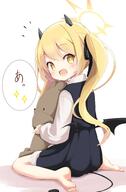 1girl a_(phrase) black_dress blonde_hair blue_archive blush collared_shirt d demon_girl demon_tail demon_wings dress from_behind full_body garuruu_(garumux) general halo hugging_object ibuki_(blue_archive) long_hair long_sleeves looking_at_viewer low_wings mini_wings notice_lines open_mouth pinafore_dress shirt side_ponytail sidelocks simple_background sitting sleeveless sleeveless_dress smile solo sparkle stuffed_animal stuffed_toy tail teddy_bear wariza white_background white_shirt wings yellow_eyes // 2683x4096 // 463.9KB