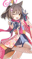 1girl animal_ears black_gloves blue_archive brown_hair commentary_request eff_i fingerless_gloves fox_ears fox_girl fox_shadow_puppet fox_tail gloves halo highres izuna_(blue_archive) one_eye_closed open_mouth pink_halo short_hair simple_background solo tail white_background wide_sleeves yellow_eyes // 1237x2288 // 2.2MB