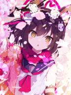 1girl absurdres animal_ear_fluff animal_ears blue_archive brown_hair chamoraile cherry_blossoms commentary_request fox_ears fox_girl fox_hair_ornament halo highres izuna_(blue_archive) looking_at_viewer neckerchief o petals pink_halo red_neckerchief red_scarf scarf school_uniform serafuku shirt short_hair solo white_shirt yellow_eyes // 1800x2400 // 9.0MB