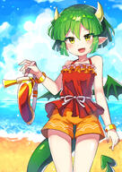 1girl beach blush bracelet collarbone day draco_centauros dragon_girl dragon_horns dragon_tail dragon_wings eyebrows_visible_through_hair fang green_hair horns jewelry looking_at_viewer open_mouth outdoors puyopuyo red_swimsuit s2offbeat safe short_hair smile solo swimsuit tail wings yellow_eyes // 2894x4093 // 5.2MB