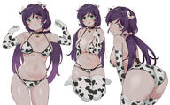 1girl animal_ears animal_print arm_behind_back arms_up ass ass_visible_through_thighs bangs bare_shoulders bell bent_knees bikini black_choker blush breasts choker clavicle cleavage clothing collarbone cow_ears cow_print cow_print_bikini cow_print_gloves cow_print_thighhighs d elbow_gloves female from_behind gloves gluteal_fold green_eyes hair_ornament hair_scrunchie halterneck horns kurokawa_makoto large_breasts legwear long_hair looking_at_viewer looking_back love_live! love_live!_(series) love_live!_school_idol_project multiple_straps multiple_views navel neck_bell one-piece_swimsuit open-mouth_smile open_mouth pink_hair_ornament pink_scrunchie print_bikini print_gloves print_thighhighs purple_hair questionable s safe scrunchie sensitive simple_background sitting skindentation smile swimsuit swimsuits thighhighs tied_hair tojo_nozomi toujou_nozomi twintails underboob wariza white_background white_bikini white_legwear white_one-piece_swimsuit white_swimsuit white_thighhighs // 1818x1131 // 573.6KB
