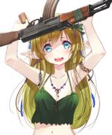 1_female 1girl absurdres ak-47 ak47 akエルフ arms_up assault_rifle bangs blonde blonde_hair blonde_hair,_blue_eyes blue_eyes blush breasts camisole clavicle collarbone commentary_request crop_top ears elf elf_ears eyebrows eyebrows_visible_through_hair female female_focus firearm gun highres holding holding_gun holding_object holding_weapon kalashnikov_rifle lingerie long_hair looking_up male mature medium_breasts midriff military navel oota_youjo original original_character ota_yojo pointed_ears pointy_ears rifle safe sensitive simple_background smile solo stomach tareme teeth trigger_discipline underwear upper_body weapon white_background タレ目 太田幼女 色白 // 2490x3000 // 4.3MB