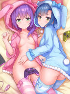 2girls animal_ears animal_hood anna_mochizuki ass bed blue_bow blue_hair blue_hoodie blue_legwear blue_thighhighs blush bottomless bow breasts bunny_tail caihanonline commentary_request computer controller fake_animal_ears fake_tail female game_controller gelbooru gelbooru_12008282 green_eyes hair_between_eyes half-naked hand_on_another's_stomach hood hood_up hoodie horizontal-striped_thighhighs idolmaster idolmaster_million_live! kawaii koaya laptop legwear loli looking_at_viewer lying medium_breasts medium_hair mochizuki_anna multiple_girls nanao_yuriko no_bra no_panties on_back on_bed on_side open_shirt pajama pillow pink_bow pink_hoodie pink_legwear pink_socks pom_pom_(clothes) purple_hair questionable rabbit_hood rabbit_tail short_hair skindentation small_breasts socks striped striped_clothes striped_legwear striped_thighhighs tail the__million_live! the_idolm@ster the_idolm@ster_million_live! the_idolm@ster_million_live!_theater_days thighhighs thighs underboob yellow_eyes yuriko_nanao アイドルマスターミリオンライブ! アイドルマスターミリオンライブ!シアターデイズ ゲーム、好き？ 七尾百合子 下乳 半脱ぎ 可愛い 太もも 望月杏奈 白沢あや // 1720x2302 // 4.0MB
