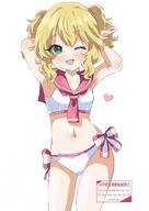1girl armpits arms_behind_head bikini blonde_hair blush bow bow_bikini commentary contrapposto cowboy_shot d dot_nose double-parted_bangs green_eyes heart idolmaster idolmaster_cinderella_girls looking_at_viewer navel one_eye_closed open_mouth red_sailor_collar remiri_nicoeli sailor_bikini sailor_collar sakurai_momoka sensitive side-tie_bikini_bottom sidelocks simple_background smile solo swimsuit thighs two_side_up watermark white_background // 725x1024 // 89.7KB