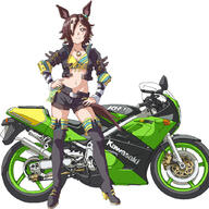 1girl animal_ears belt black_boots black_footwear black_jacket black_shorts blush boots breasts brown_belt brown_eyes brown_hair cleavage clothing commentary_request crop_top female footwear full_body ground_vehicle hair_over_one_eye hal-py hands_on_hips hands_on_own_hips high_heel_boots high_heels horse_ears horse_girl jacket jewelry kawasaki kawasaki_(company) long_sleeves looking_at_viewer midriff motor_vehicle motorcycle navel pendant s safe shirt shoes short_hair short_shorts shorts simple_background smile solo standing stomach tail thigh_boots thighhighs uma_musume_-_pretty_derby umamusume vehicle vodka_(uma_musume) vodka_(umamusume) vodka_(wild_top_gear)_(umamusume) white_background yellow_shirt // 900x900 // 504.1KB