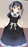 1girl 28 2d_art artist_name bangs black_dress black_hair black_ribbon bow brown_eyes dated dress female frilled_dress frills general hair_ornament hair_ribbon highres indoors long_hair looking_at_viewer maid neck_ribbon o original parted_lips pixiv_101289446 pixiv_60644 puffy_short_sleeves puffy_sleeves r-18 ribbon s short_sleeves solo two_side_up white_bow white_ribbon yone_kinji yonekinji オリジナル ロリ 与根金次 週末イラスト20220116～20220911 // 800x1324 // 101.7KB