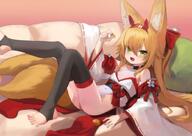 1girl animal_ears blonde_hair blush commentary_request detached_sleeves flat_chest food fox_ears fox_girl fox_tail fruit green_eyes japanese_clothes kimono kokonoe_tsubaki long_hair looking_at_viewer lying mandarin_orange multiple_tails on_back open_mouth original sensitive smile stirrup_legwear tail thighhighs toeless_legwear toes two_tails wide_sleeves yoshizawa_tsubaki // 1029x728 // 98.6KB