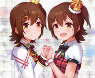 2girls black_bow black_bowtie blush bow bowtie brown_eyes brown_hair crown d dual_persona from_side general grin hair_ornament hairclip hand_up highres holding_hands idolmaster idolmaster_million_live! idolmaster_million_live!_theater_days interlocked_fingers jacket kasuga_mirai koaya long_sleeves looking_at_viewer looking_to_the_side mini_crown multiple_girls official_alternate_costume one_side_up open_mouth plaid_background plaid_clothes prologue_rouge_(idolmaster) puffy_short_sleeves puffy_sleeves re_prologue_x_(idolmaster) short_hair short_sleeves smile upper_body white_jacket x_hair_ornament // 2000x1650 // 933.8KB