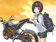 1girl alternate_hair_color alternative_hair_color backpack bag black_hair bob_cut brown_eyes clothing female ground_vehicle hal-py koguma_(super_cub) ktm_390_duke ktm_ag looking_at_viewer motor_vehicle motorcycle multicolored_hair red_hair redhead s seiyuu_connection short_hair short_shorts shorts smile solo streaked_hair super_cub two-tone_hair vehicle voice_actor_connection yomichi_yuki // 1200x900 // 660.3KB