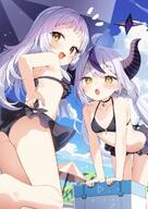 2girls ahoge armpits bikini black_bikini black_horns braid braided_bangs breasts choker commentary_request frilled_bikini frills grey_hair highres hololive horns la+_darknesss long_hair looking_at_viewer multicolored_hair multicoloured_hair multiple_girls murasaki_shion murasaki_shion_(hololive_summer_2019) official_alternate_costume open_mouth pointy_ears purple_hair safe sensitive sidelocks small_breasts streaked_hair striped_horns swimsuit tousaki_shiina virtual_youtuber wading water yellow_eyes // 878x1239 // 180.0KB