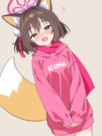 1girl absurdres animal_ear_fluff animal_ears blue_archive blush breasts brown_hair commentary_request fox_ears fox_girl fox_tail grey_background half-closed_eyes halo highres hood hood_down hoodie izuna_(blue_archive) long_sleeves looking_at_viewer medium_breasts no_pants ochazuke_(artist) pink_hoodie pink_scarf scarf short_hair simple_background squeans tail yellow_eyes // 1800x2400 // 963.8KB