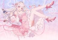 1girl bare_shoulders blush bow breasts cleavage commentary_request commission detached_collar dress food full_body gray_hair hair_bow high_heels long_hair long_sleeves looking_at_viewer medium_breasts off_shoulder open_mouth pink_dress pink_eyes pink_hair ribbons shoes smile solo teeth thighhighs thighs tiara zettai_ryouiki // 1500x1035 // 1.5MB