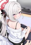 1boy 1girl 2024 alternate_costume asagi_mutsuki ass black_flower blue_archive blue_archive_1000+_users bluearchive blush clenched_teeth commentary controller d female flower game_controller girl grey_hair grin hair_flower hair_ornament halo hiroikara_(smhong04) holding holding_controller holding_game_controller indoors loli long_hair long_sleeves looking_at_viewer looking_back male mesugaki mutsuki_(blue_archive) naughty_face off-shoulder off-shoulder_sweater off_shoulder pixiv pixiv_6106598 pointy_ears ponytail pov purple_eyes questionable red_halo sensitive side_ponytail sidelocks sitting sitting_on_lap sitting_on_person slit_pupils smhong04 smile smug solo_focus sweater teasing teeth television tied_hair very_long_hair white_sweater ひろい空hiroi_sora オフショルダー ブルアカ ブルーアーカイブ ブルーアーカイブ1000users入り ムツキちゃんの席はここ♡ 女の子 浅黄ムツキ 膝の上 블루아카이브 // 1362x1999 // 763.9KB