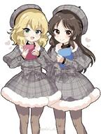 2girls artist_name beret blonde_hair book bow brown_eyes brown_hair brown_pantyhose closed_mouth commentary commentary_request d dot_nose double-parted_bangs dress fur-trimmed_dress fur_trim general green_eyes grey_bow grey_dress grey_hat grey_pantyhose hat heart holding holding_book idolmaster idolmaster_cinderella_girls light_blush long_hair long_sleeves looking_at_viewer medium_hair multiple_girls open_mouth pantyhose parted_bangs plaid_bow plaid_clothes plaid_dress plaid_hat remiri_nicoeli sakurai_momoka short_dress simple_background smile standing tachibana_arisu wavy_hair white_background // 768x1024 // 142.0KB