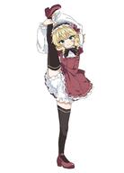 1girl black_thighhighs blonde_hair bloomers commentary_request dress full_body green_eyes hairband highres idolmaster idolmaster_cinderella_girls lolita_hairband looking_at_viewer red_dress remiri_nicoeli sakurai_momoka sensitive short_hair simple_background smile solo split standing standing_on_one_leg standing_split thighhighs underwear white_bloomers // 1473x2048 // 143.0KB