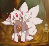 1girl all_fours body_fur brown_eyes claws commentary dark-skinned_female dark_skin extra_arms faputa faputa_❤ full_body highres kionant kionant_🔞 kionbee made_in_abyss multiple_tails red_claws safe sensitive solo tail user_gnuc7387 very_dark_skin white_fur white_hair // 1574x1500 // 1.3MB