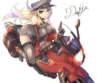 10s 1_female 1girl absurdres armadillo-tokage armwear bad_id bad_twitter_id bare_shoulders bikini bismarck_(kancolle) bismarck_(kantai_collection) blonde blonde_hair breasts commentary_request crossed_arms dress elbow_gloves female furrowed_brow furrowed_eyebrows gloves ground_vehicle hat headwear highres kantai_collection large_breasts leaning leaning_forward long_hair looking_at_viewer mature motor_vehicle motorcycle one-hour_drawing_challenge peaked_cap point_of_view pov riding safe satou_daiji sensitive short_dress simple_background solo swimsuit thigh-highs thighhighs thighs vehicle white_background zettai_ryouiki // 2920x2480 // 443.3KB