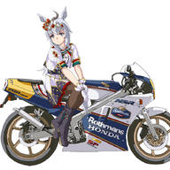 1girl ahoge animal_ears black_footwear blue_eyes boots clothing commentary female footwear general gloves grey_hair ground_vehicle hal-py honda honda_nsr250r horse_ears horse_girl long_hair looking_at_viewer motor_vehicle motorcycle multicolored_hair official_alternate_costume oguri_cap_(miraculous_white_star)_(umamusume) oguri_cap_(uma_musume) oguri_cap_(umamusume) s short_sleeves simple_background sitting solo uma_musume_-_pretty_derby umamusume vehicle white_background white_gloves white_hair // 900x900 // 507.3KB