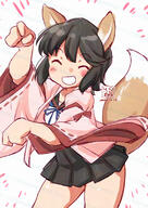 1girl animal_ears artist_logo black_hair black_sailor_collar black_skirt blue_neckerchief closed_eyes commentary_request dated fox_ears fox_tail general grin haori japanese_clothes kantai_collection kitsune_dance kutone_shirika logo miyuki_(kancolle) miyuki_(yokosuka)_(kancolle) miyuki_kai_ni_(kancolle) neckerchief official_alternate_costume paw_pose pink_haori pleated_skirt sailor_collar school_uniform serafuku shirt short_hair skirt smile solo tail white_background white_shirt // 1254x1771 // 1.5MB