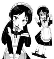1girl alternate_costume apron blush double_v dress food fruit general greyscale hands_up holding holding_tray idolmaster idolmaster_cinderella_girls idolmaster_cinderella_girls_u149 long_sleeves looking_at_viewer low_twintails maid maid_apron maid_headdress mary_janes medium_hair monochrome neck_ribbon ribbon samename111 shaded_face shoes strawberry tachibana_arisu teeth tray twintails upper_teeth_only v // 2000x2200 // 1.2MB