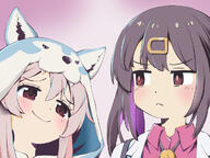 2girls black_hair bolo_tie brown_eyes commentary dot_nose frown general gradient_background grey_hair hair_between_eyes hair_ornament hairclip hood hood_up long_hair looking_at_another multicolored_hair multiple_girls onii-chan_wa_oshimai! oyama_mahiro oyama_mihari purple_background purple_hair red_shirt sakura_planet shirt simple_background smile smirk smug twintails two-tone_hair white_background wing_collar wolf_hood // 1200x900 // 561.5KB