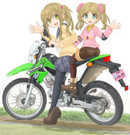 2_females 2girls ankle_boots aqua_eyes argyle black_legwear blonde_hair blue_skirt boots brown_footwear brown_legwear brown_shorts collared_shirt commentary_request dirt_bike dirt_road dirtbike elbow_pads eyebrows eyebrows_visible_through_hair fang fangs female footwear from_side grass green_eyes ground_vehicle hair_bobbles hair_ornament hair_scrunchie highres inuyama_akari inuyama_aoi kawasaki kawasaki_klx125 knee_pads legwear loafers long_sleeves looking_at_viewer looking_back mikeran_(mikelan) miniskirt motor_vehicle motorcycle multiple_females multiple_girls neckerchief open_mouth pantyhose partial_commentary pink_sweater plaid plaid_skirt pleated_skirt ponytail pov purple_scrunchie road safe school_uniform schoolgirl_uniform scrunchie sensitive serafuku shadow shirt shoes shorts siblings side_ponytail simple_background sisters sitting skin_fang skirt smile sweater tied_hair twintails uniform v-neck vehicle waving white_background white_neckerchief white_neckwear yellow_shirt yellow_sweater yuru_camp yurucamp // 2000x2060 // 2.6MB